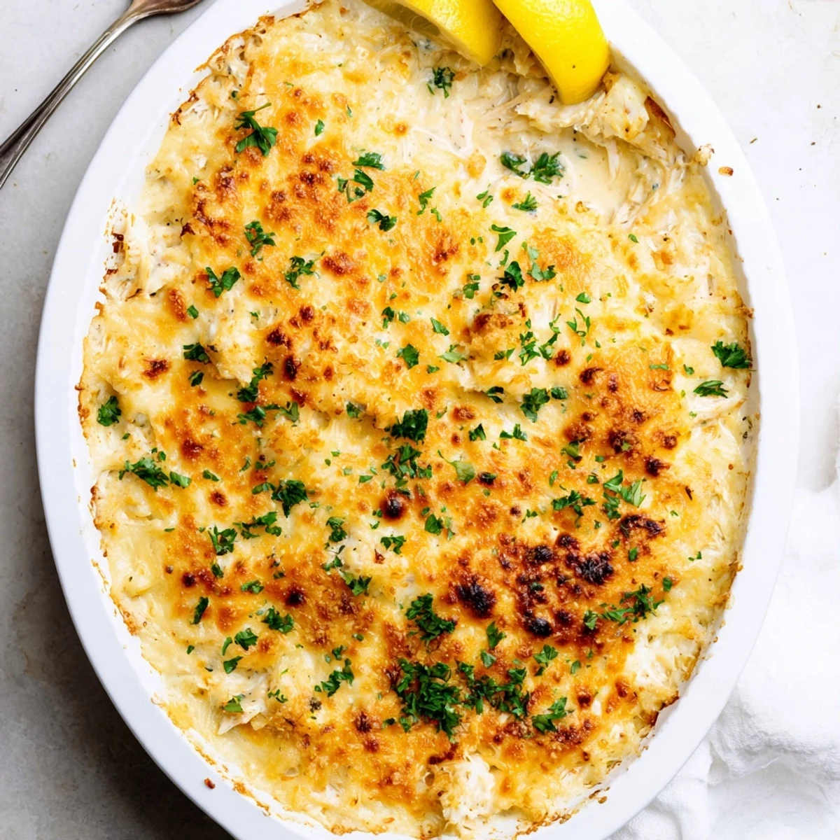 Creamy crab au gratin bubbling under a golden cheddar and Gruyère crust