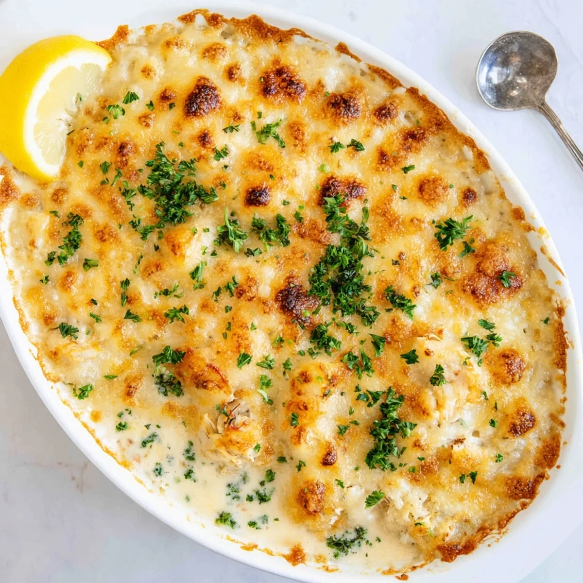 Crab au gratin in a cast iron dish topped with melted Gruyère and parsley