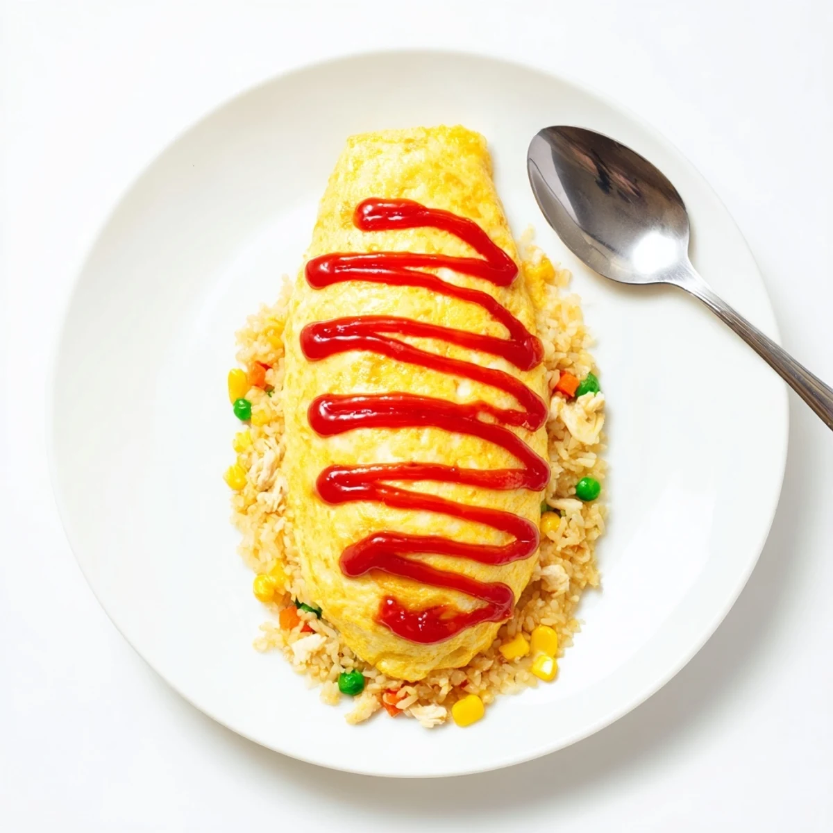 Golden Japanese omurice with silky omelette draped over savory ketchup fried rice