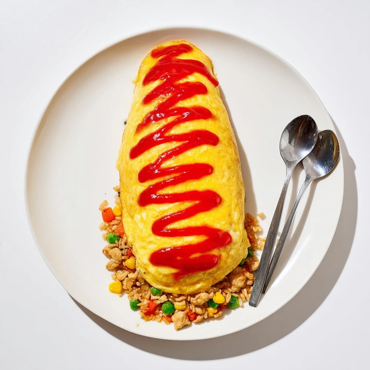 Steaming plate of omurice topped with zigzag ketchup beside fresh salad greens