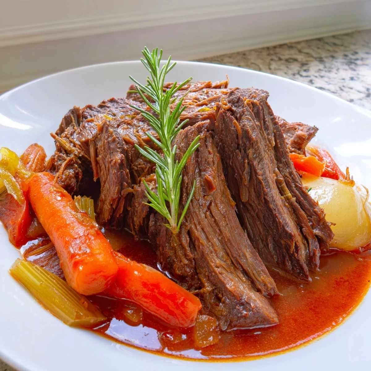 Tender perfect pot roast surrounded by caramelized carrots and onions in rich gravy
