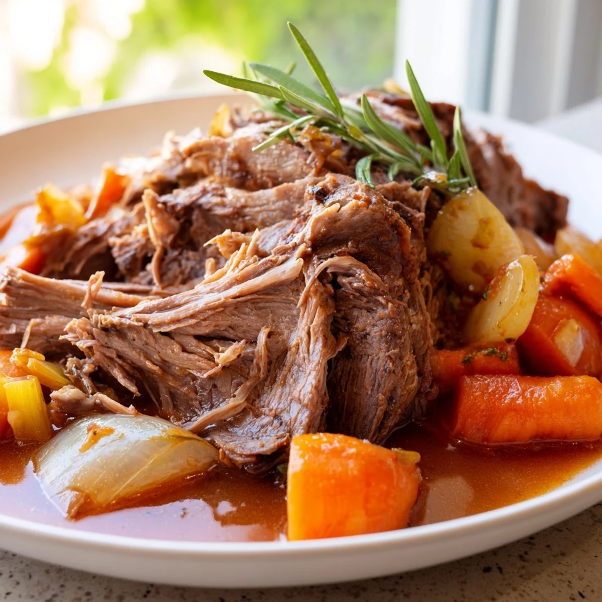 Fall-apart perfect pot roast plated with tender vegetables and savory pan juices