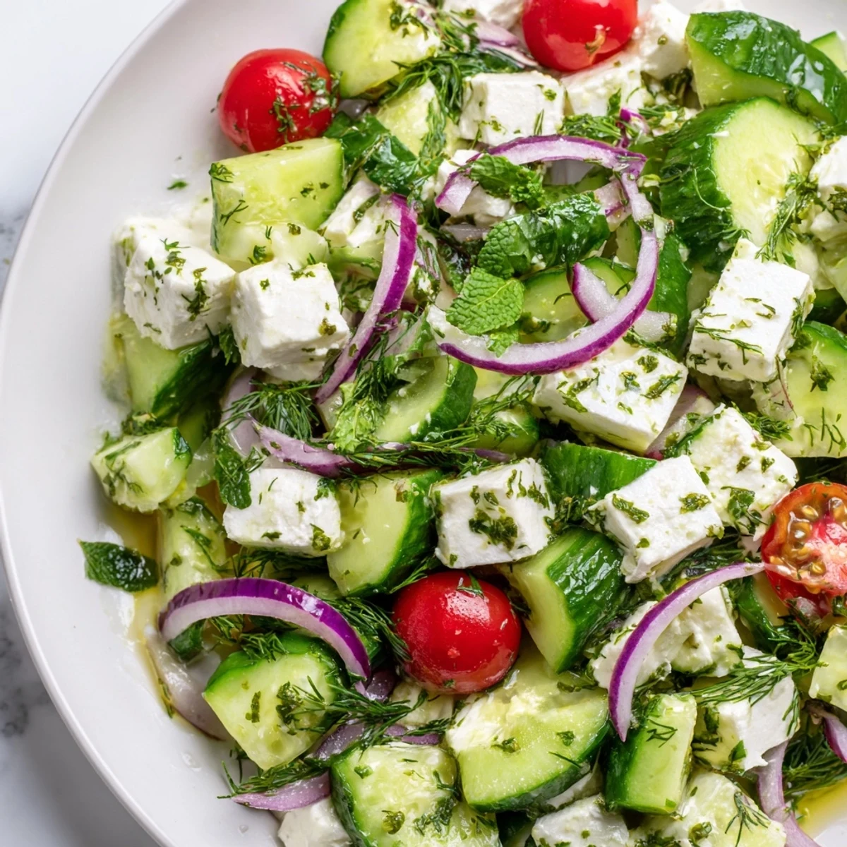 Crumbled feta and crisp cucumber herb salad drizzled with bright lemon dressing