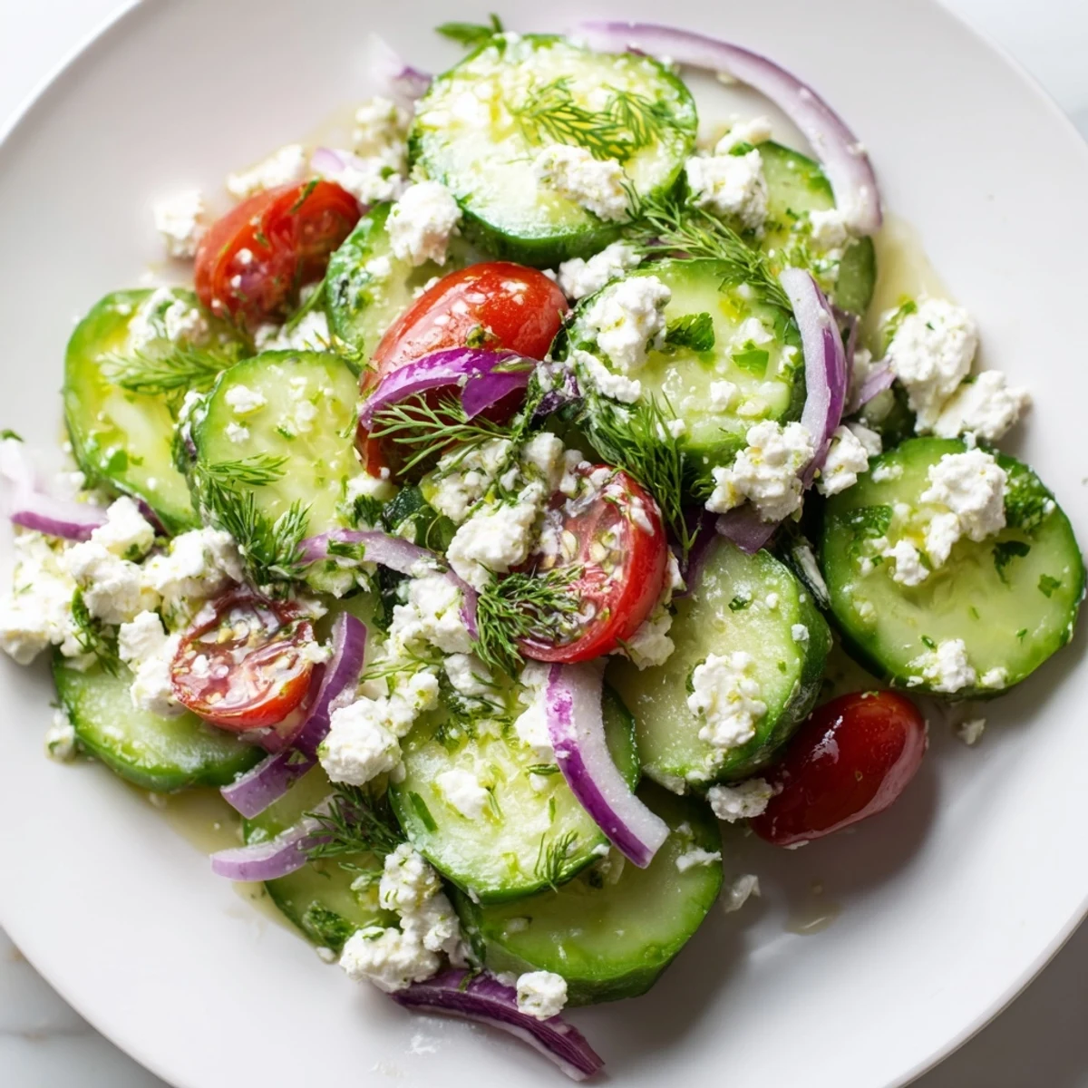 Vibrant feta cucumber herb salad served in a rustic white bowl