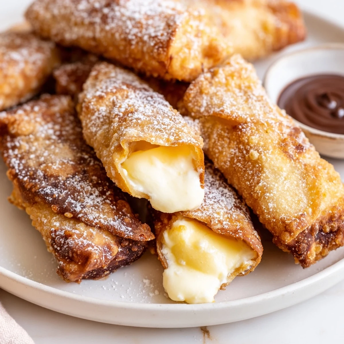 Golden crispy cheesecake egg rolls dessert dusted with powdered sugar on a rustic plate