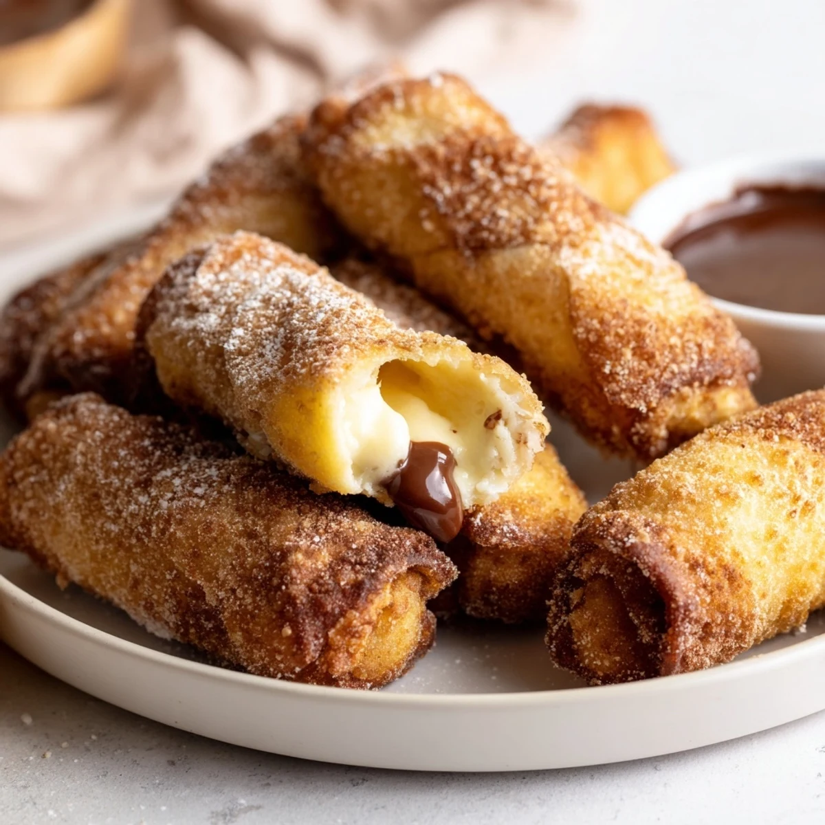 Freshly fried cheesecake egg rolls dessert drizzled with strawberry sauce and fresh berries