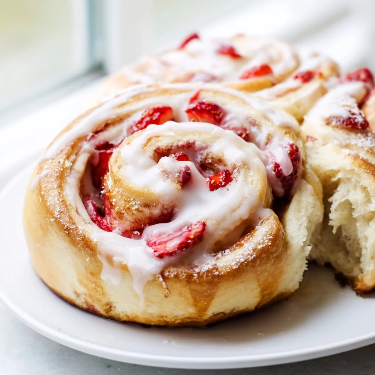 Golden strawberry cheesecake rolls drizzled with sweet vanilla glaze on a baking pan