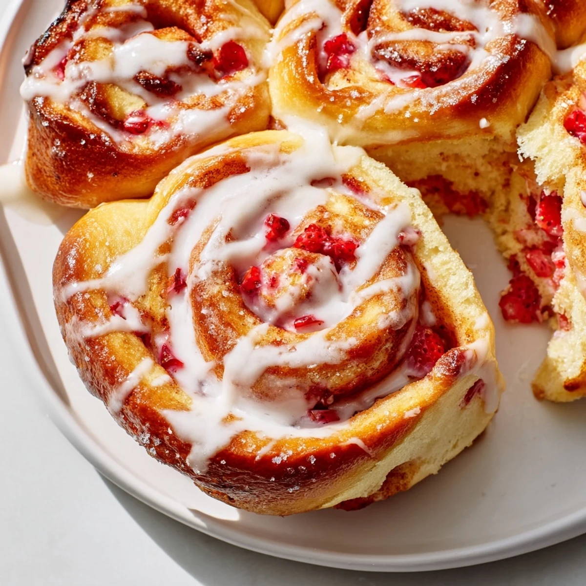 Soft pillowy strawberry cheesecake rolls swirled with cream cheese and glazed beautifully
