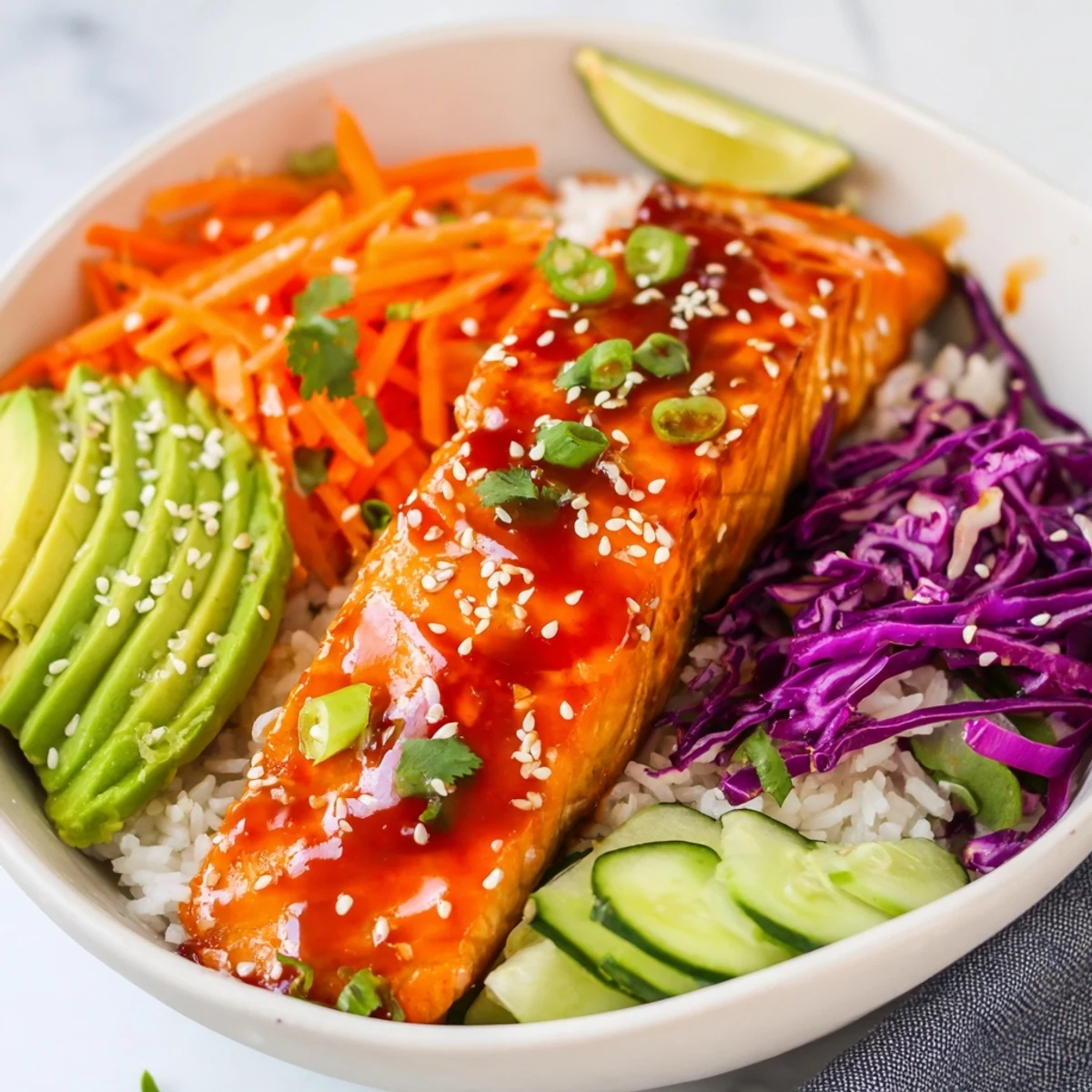 Tender caramelized salmon over fluffy rice in these Sriracha Honey Glazed Salmon Bowls