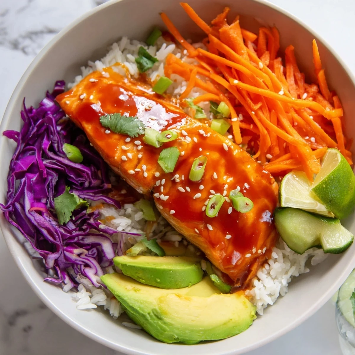 Glossy Sriracha Honey Glazed Salmon Bowls with vibrant crisp vegetables and steamed rice
