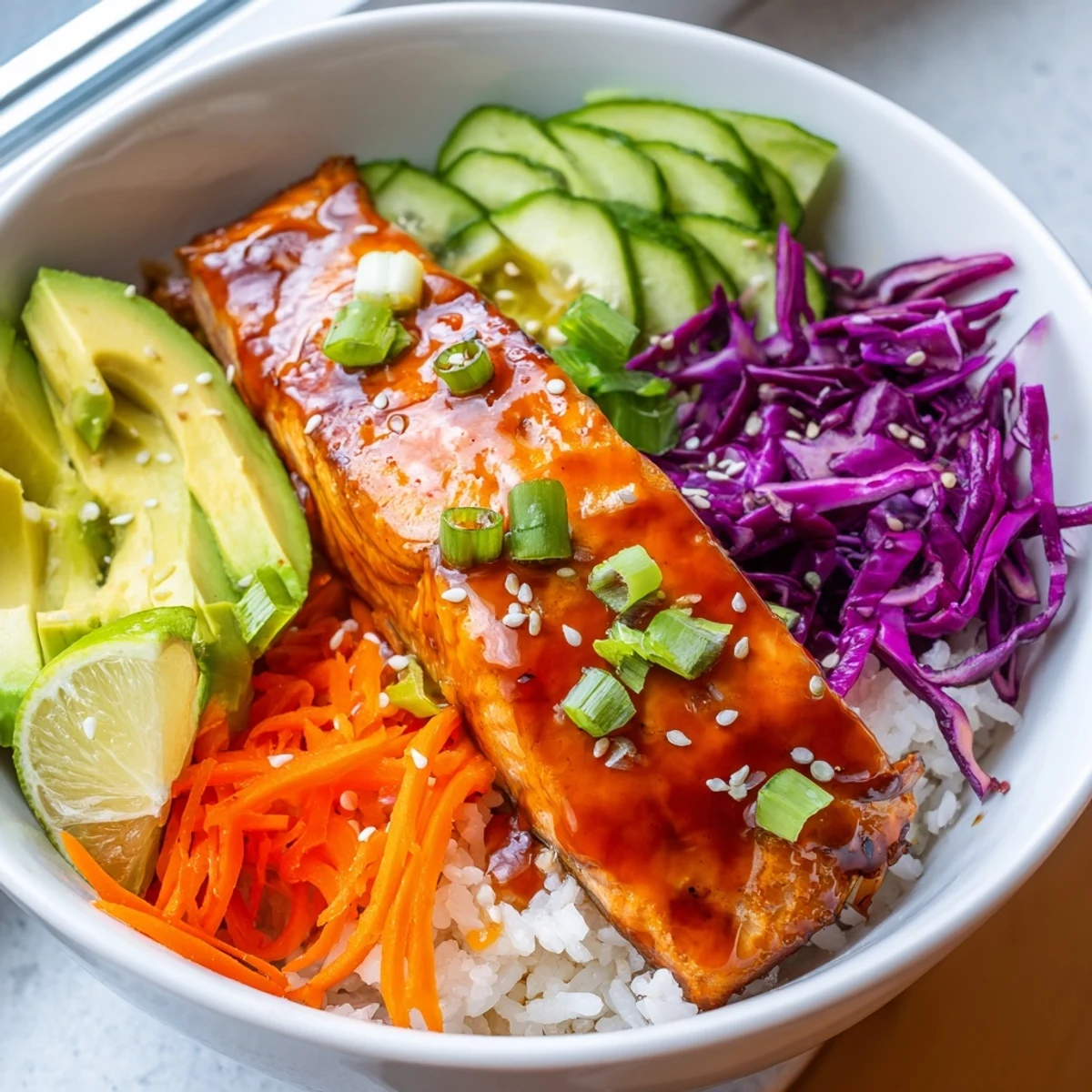 Colorful Sriracha Honey Glazed Salmon Bowls drizzled with sticky sweet-spicy glaze and sesame seeds