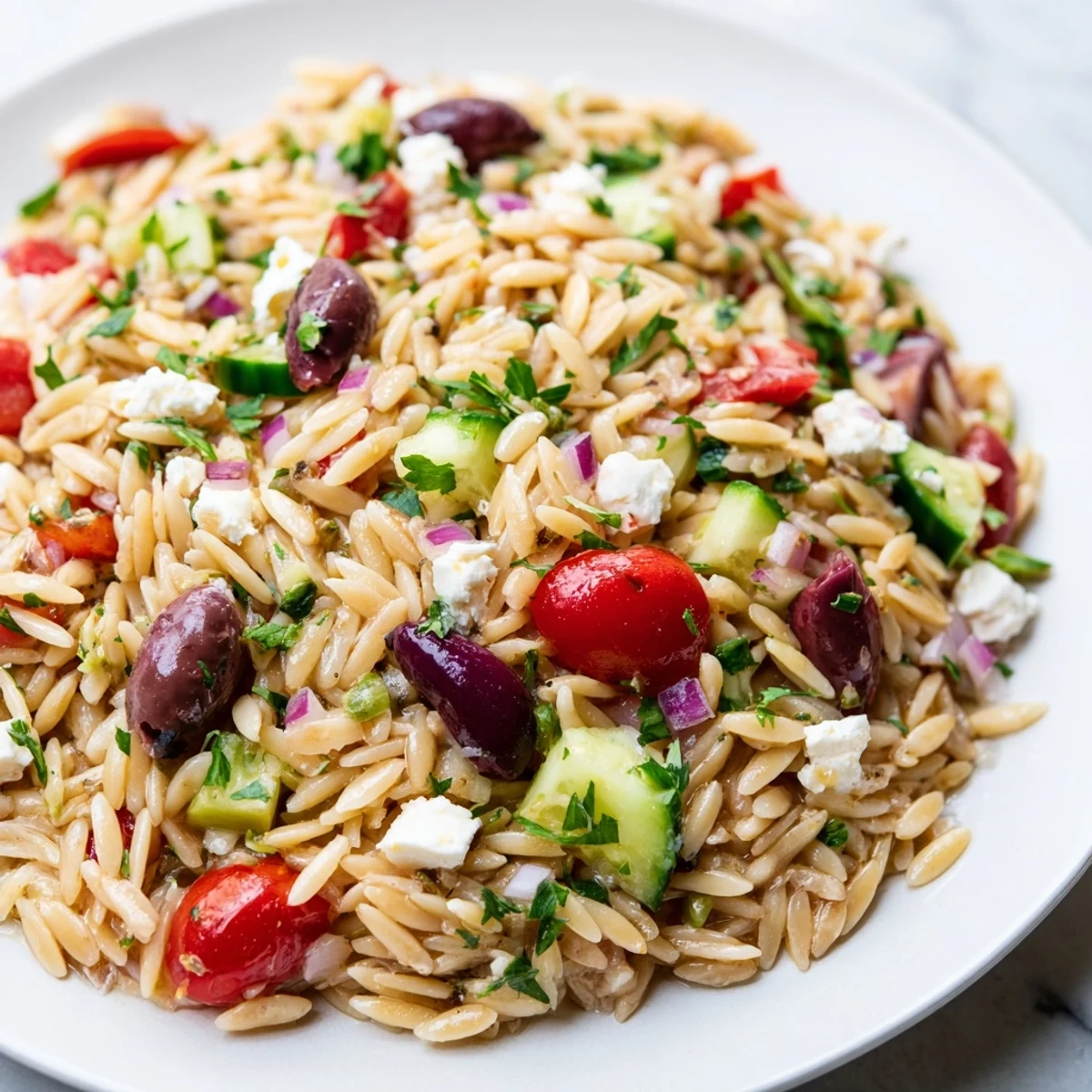 Creamy feta and tender vegetables coat every bite of this Mediterranean Orzo Pasta Salad