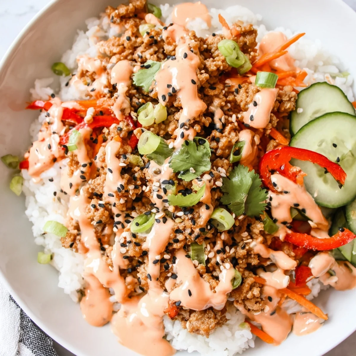 Ground Turkey Rice Bowls with Bang Bang Sauce drizzled over crisp vegetables and fluffy white rice