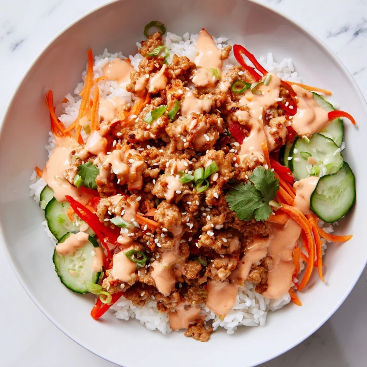 Hearty Ground Turkey Rice Bowls topped with creamy spicy Bang Bang Sauce and fresh cilantro