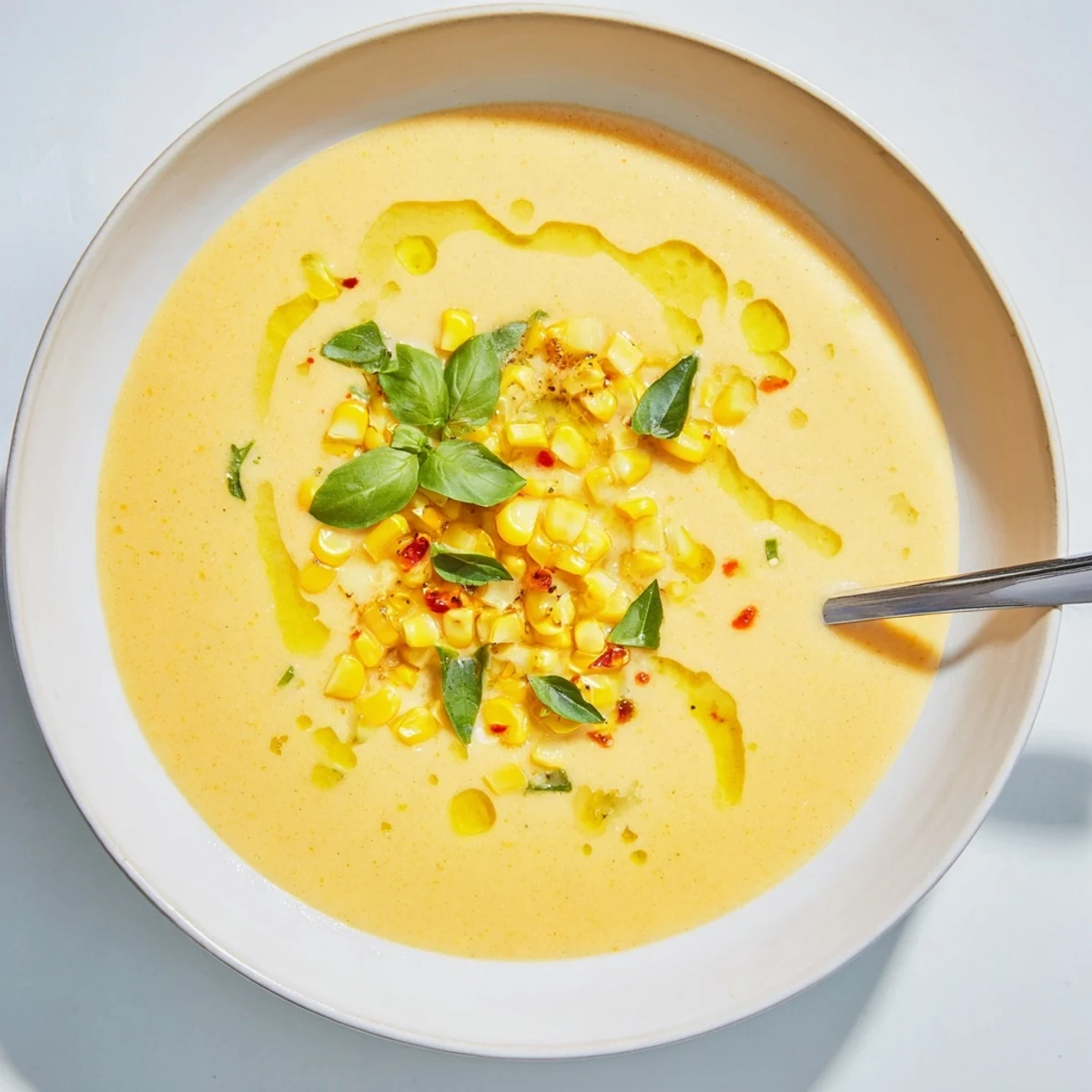 Creamy summer sweet corn gazpacho topped with whole kernels and a drizzle of olive oil