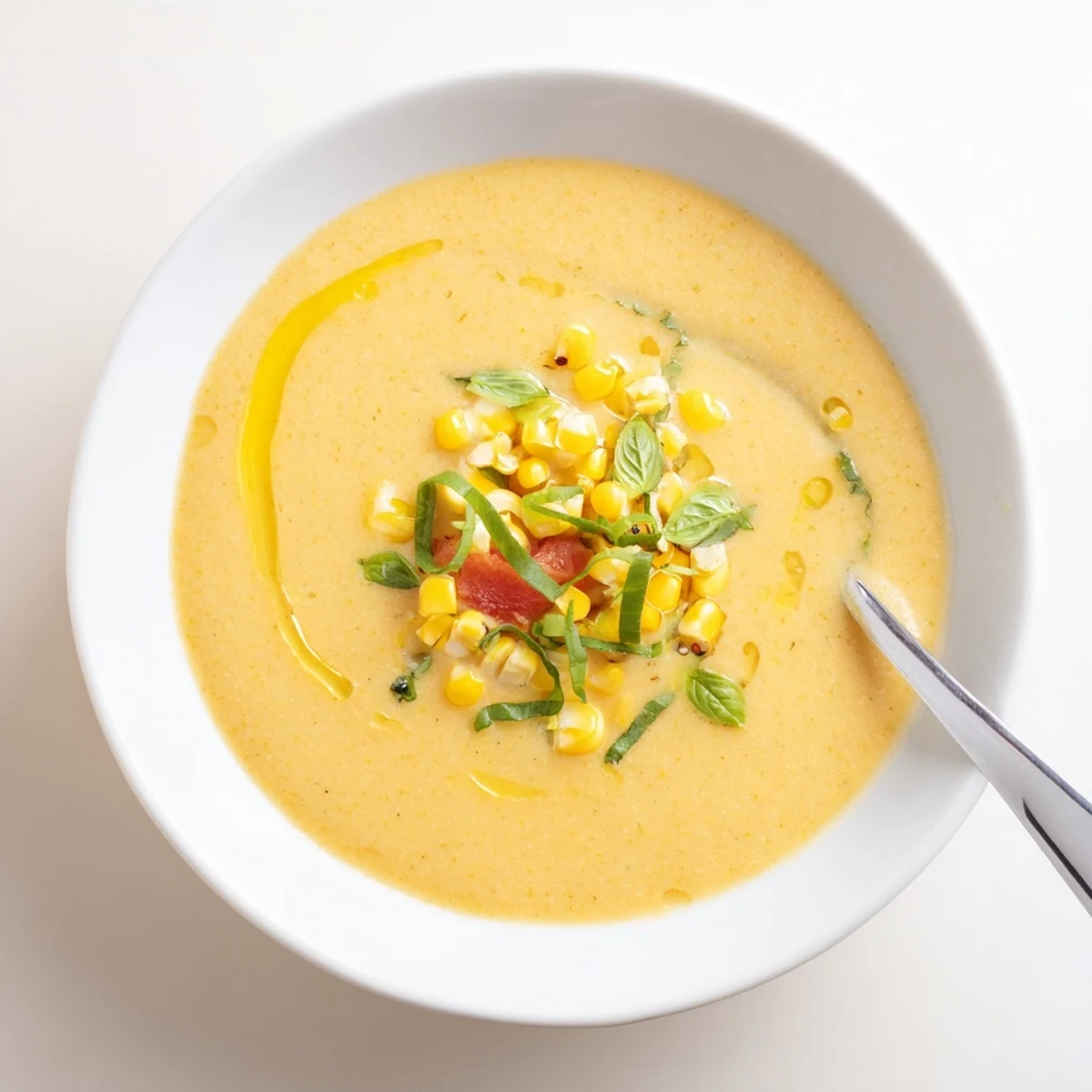 Golden sweet corn gazpacho served chilled in a rustic bowl with fresh basil garnish