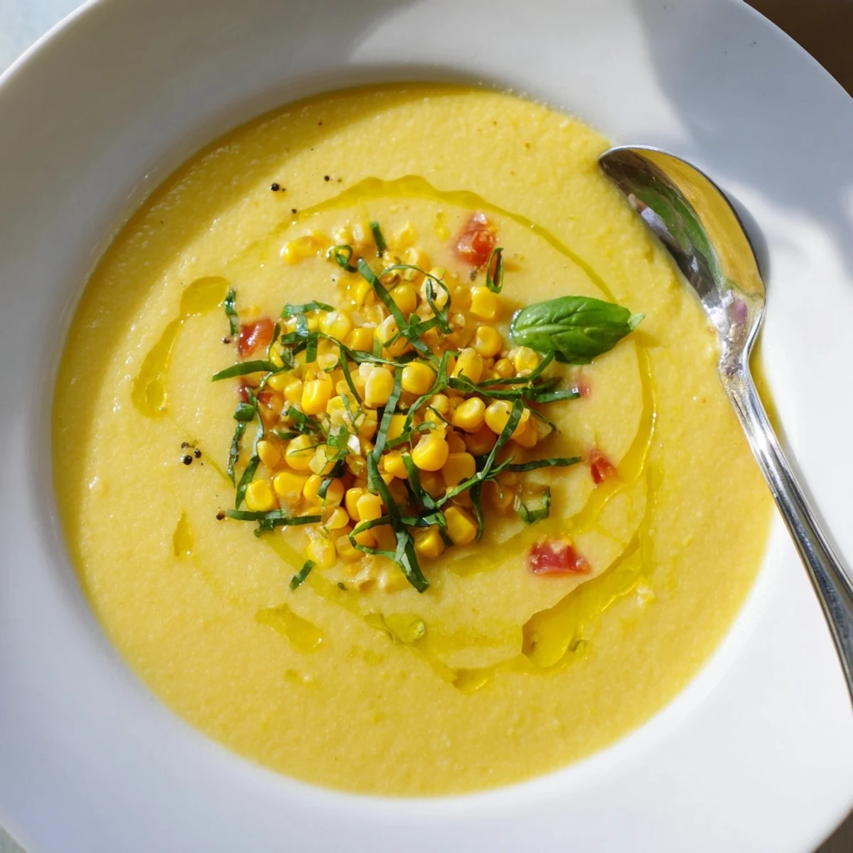 Vibrant yellow sweet corn gazpacho poured into shallow bowls on a sunlit outdoor table