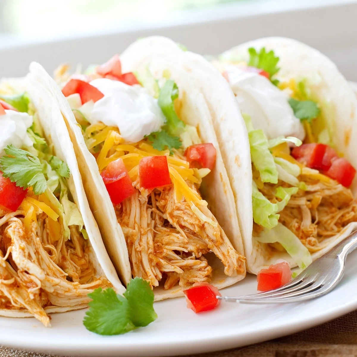 Slow cooker ranch chicken tacos loaded with sour cream lettuce and shredded beef