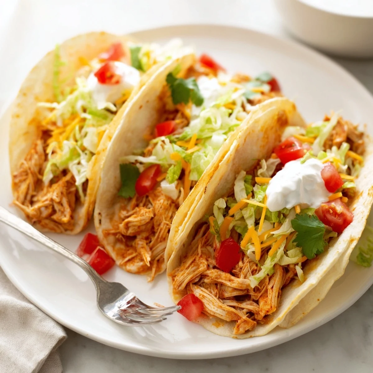 Juicy slow cooker ranch chicken tacos topped with melted cheddar and fresh cilantro