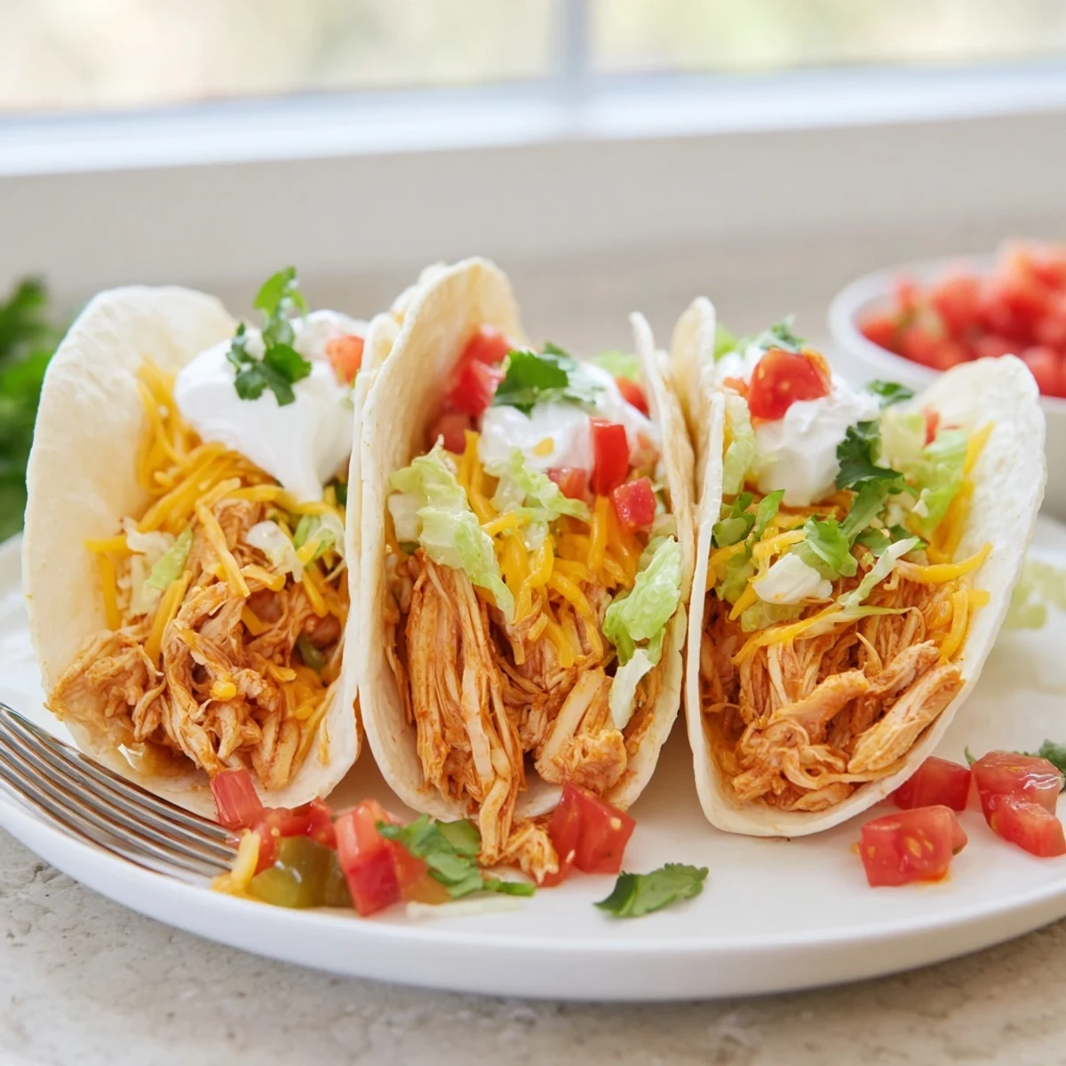 Tender shredded slow cooker ranch chicken tacos served in warm crispy corn shells