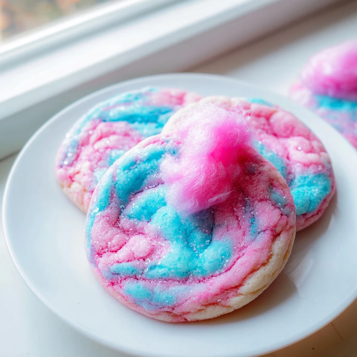Soft cotton candy cookies with swirled pink and blue pastel dough on a baking sheet