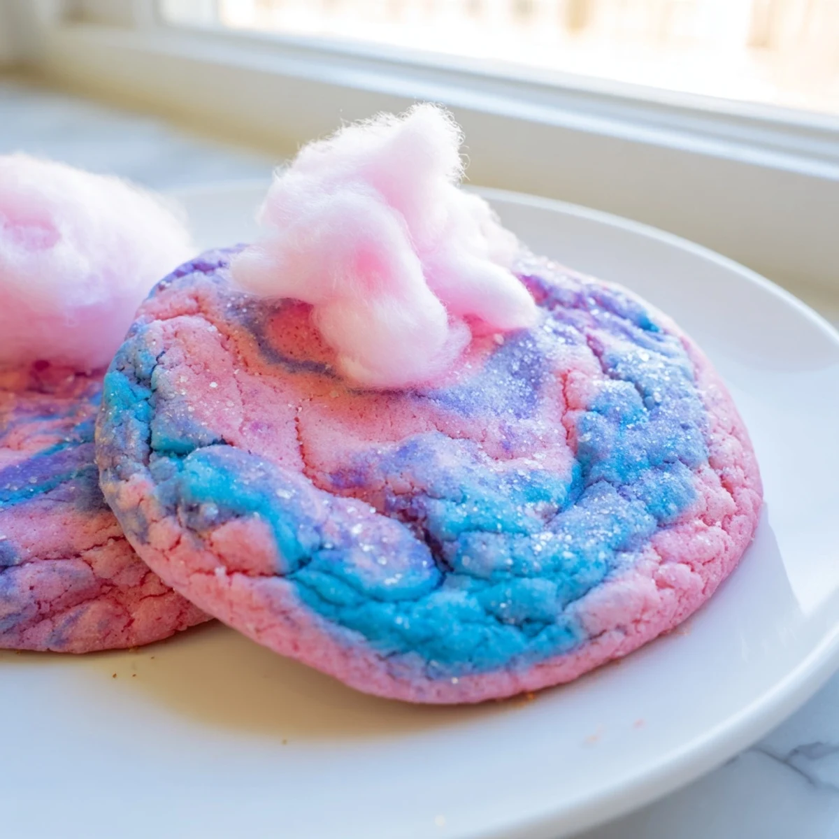 Cotton candy cookies topped with fluffy spun sugar garnish on a decorative plate