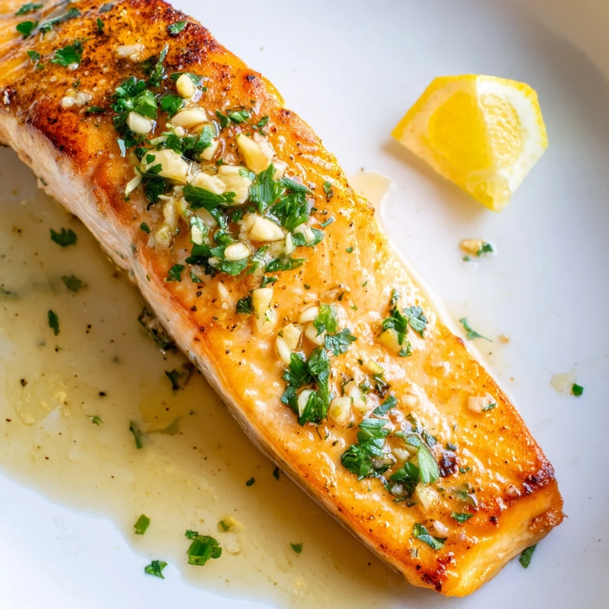 Golden garlic butter salmon fillets glistening in a rich, lemony pan sauce.