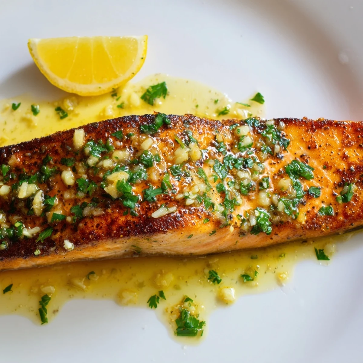 Pan-seared garlic butter salmon topped with fresh parsley and lemon wedges.