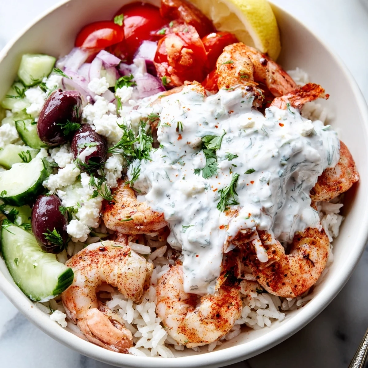 Juicy Greek Shrimp Mediterranean Bowl with colorful fresh vegetables and creamy tzatziki drizzle