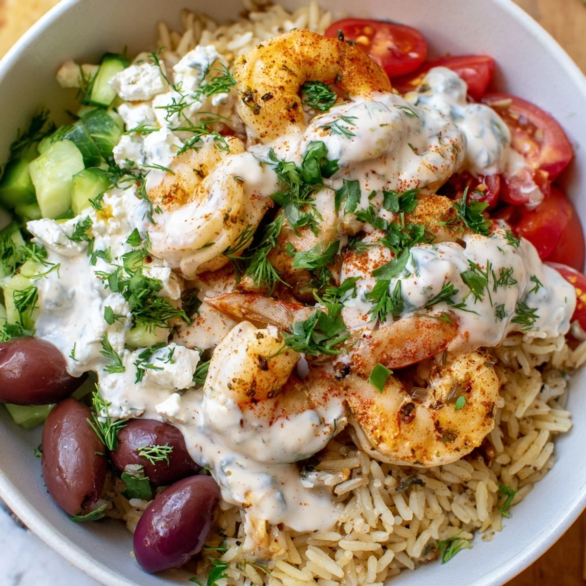 Golden pan-seared shrimp over lemony rice in this vibrant Greek Shrimp Mediterranean Bowl