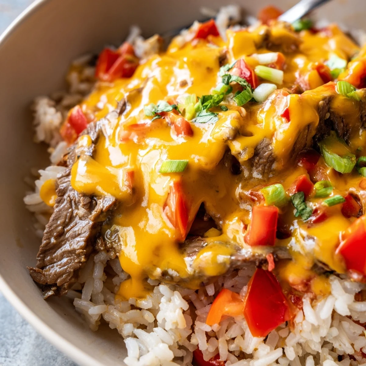 Creamy steak queso rice loaded with tender beef and melted cheese in a cast iron skillet