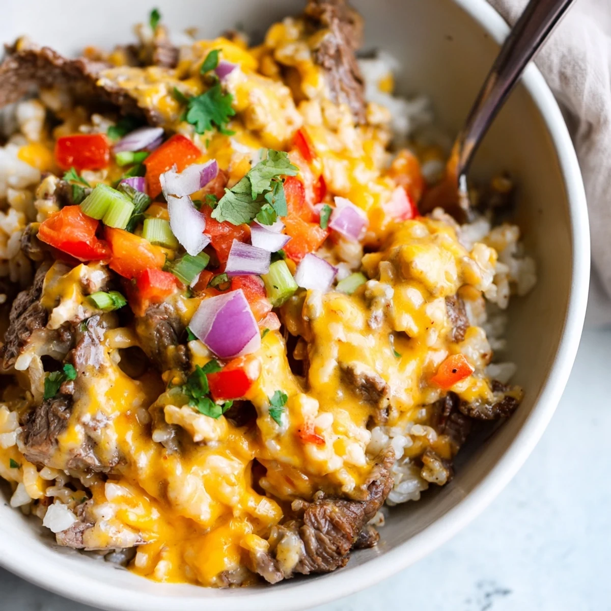 Steak queso rice topped with colorful bell peppers cilantro and gooey cheddar Monterey Jack sauce