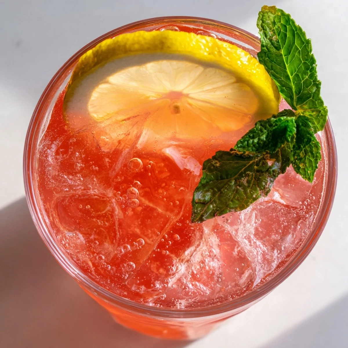 Chilled honey lemon pink soda served over ice with fresh mint garnish