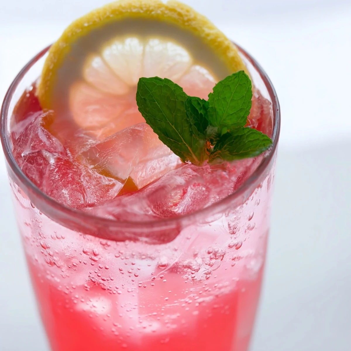 Bubbly honey lemon pink soda featuring a vibrant rosy hue and citrus garnish