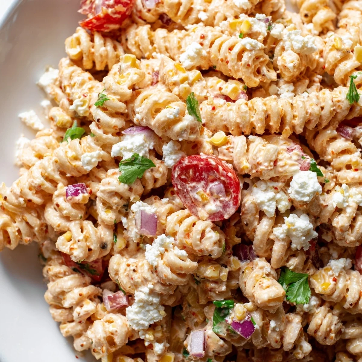 Elote Pasta Salad in a rustic bowl topped with crumbled cotija and fresh cilantro