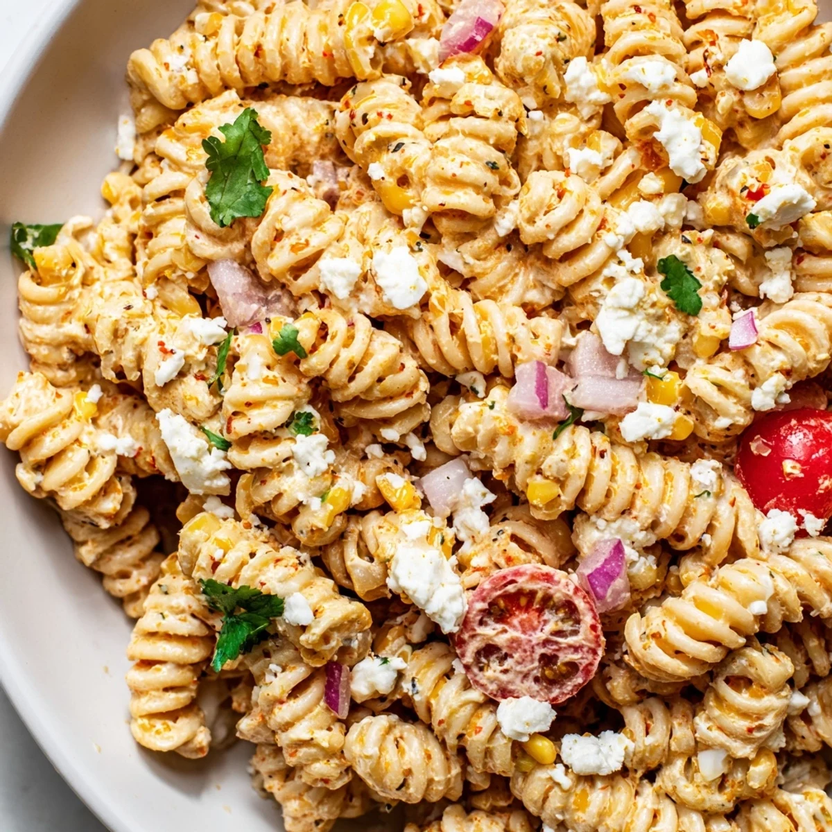 Vibrant Elote Pasta Salad served at a sunny cookout with smoky paprika drizzle