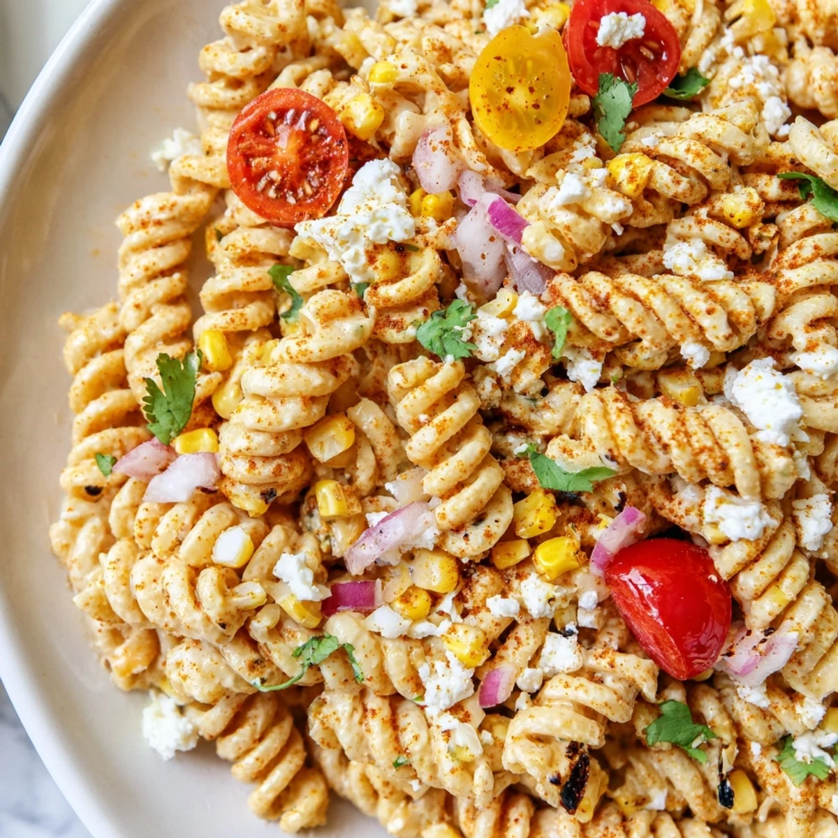 Creamy Elote Pasta Salad tossed with charred corn, tomatoes, and tangy lime dressing