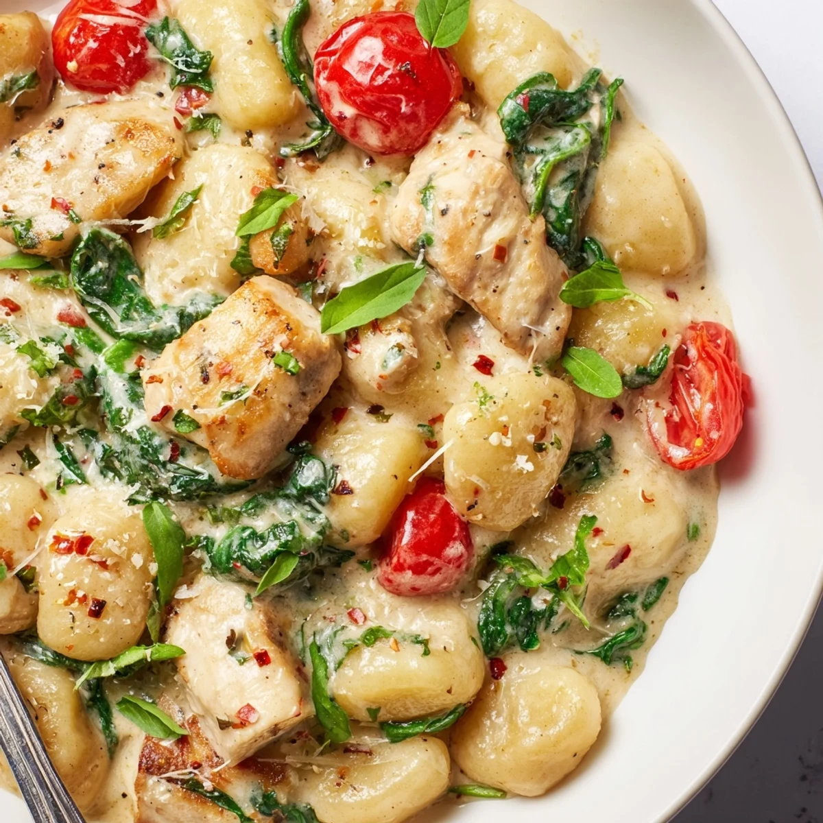 Creamy Herb Chicken Gnocchi Skillet bubbling with tender chicken, pillowy gnocchi, and fresh herbs in a golden Parmesan sauce