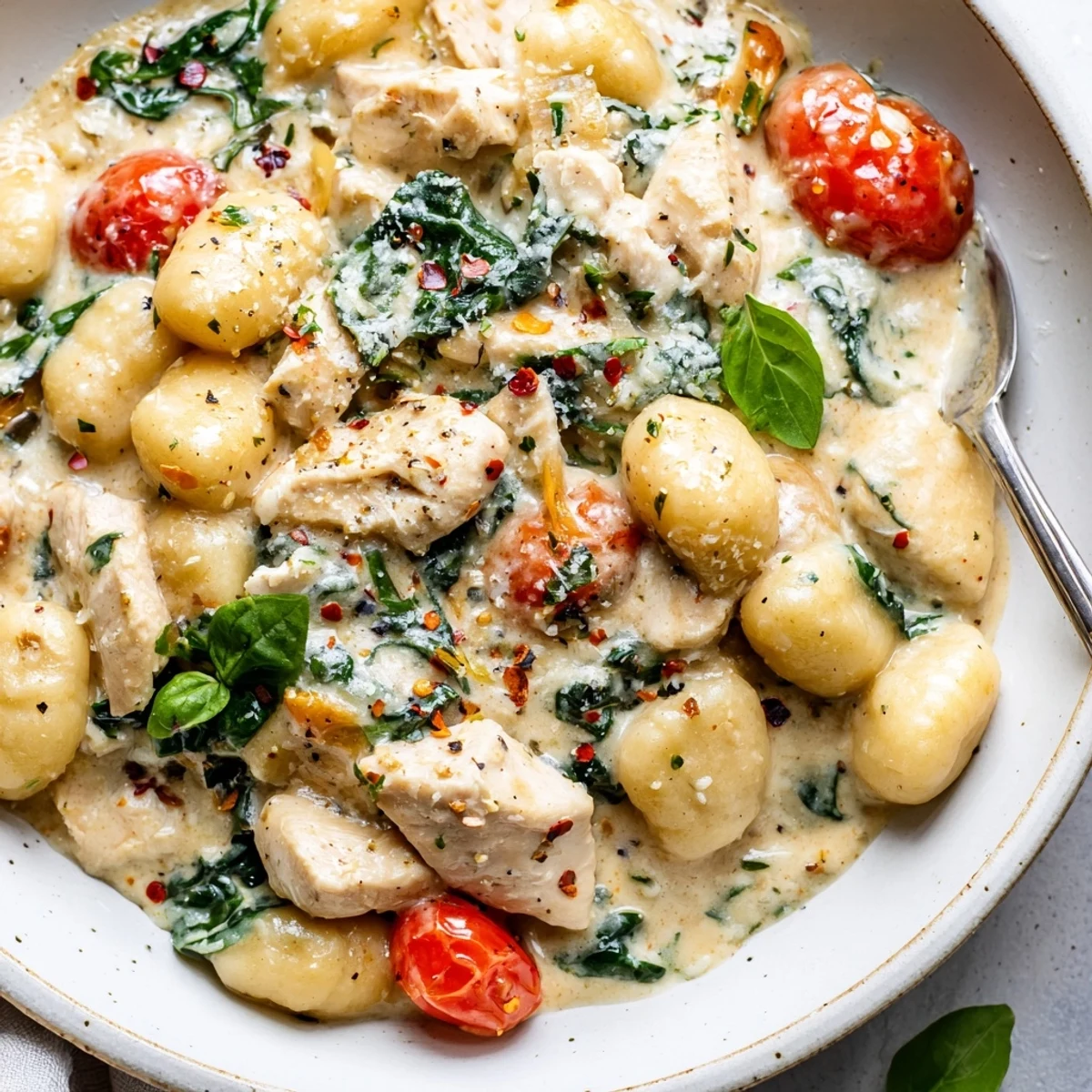 A cast iron skillet of Creamy Herb Chicken Gnocchi topped with vibrant cherry tomatoes, wilted spinach, and fragrant basil