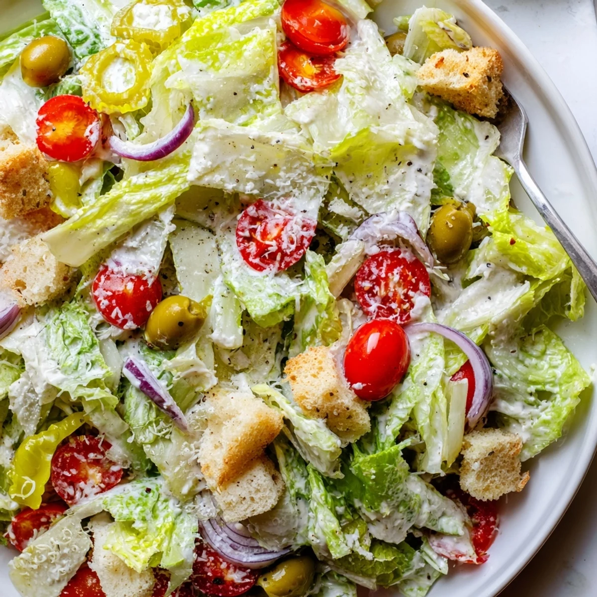 Crisp Olive Garden Salad topped with juicy tomatoes, olives, and creamy Parmesan dressing