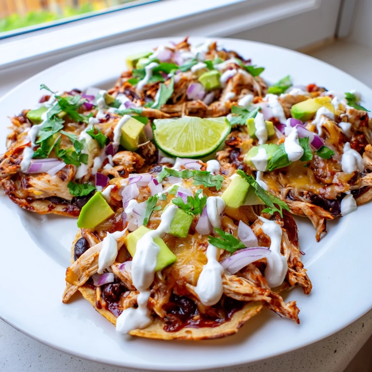 Crispy sweet smoky BBQ chicken tostadas loaded with melted cheese and fresh avocado