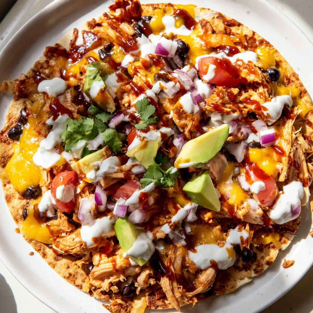 Golden tostada shells piled high with tender sweet smoky BBQ chicken and colorful veggie toppings