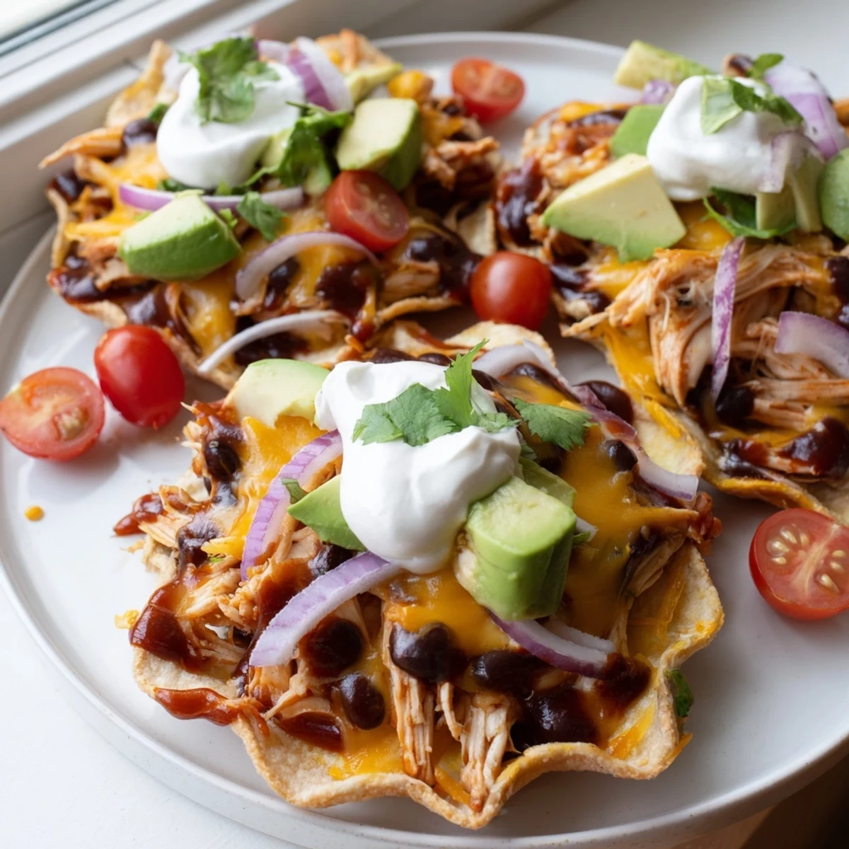 Warm sweet smoky BBQ chicken tostadas garnished with cilantro sour cream and a bright lime wedge