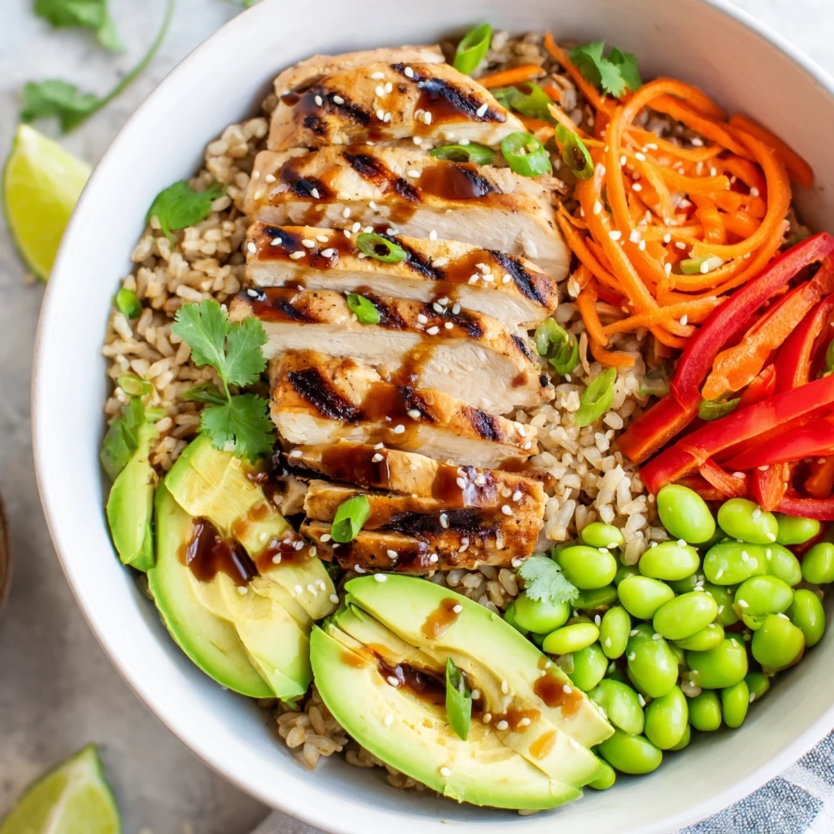 Colorful Asian Inspired Chicken Power Bowl with grilled chicken and fresh crisp vegetables
