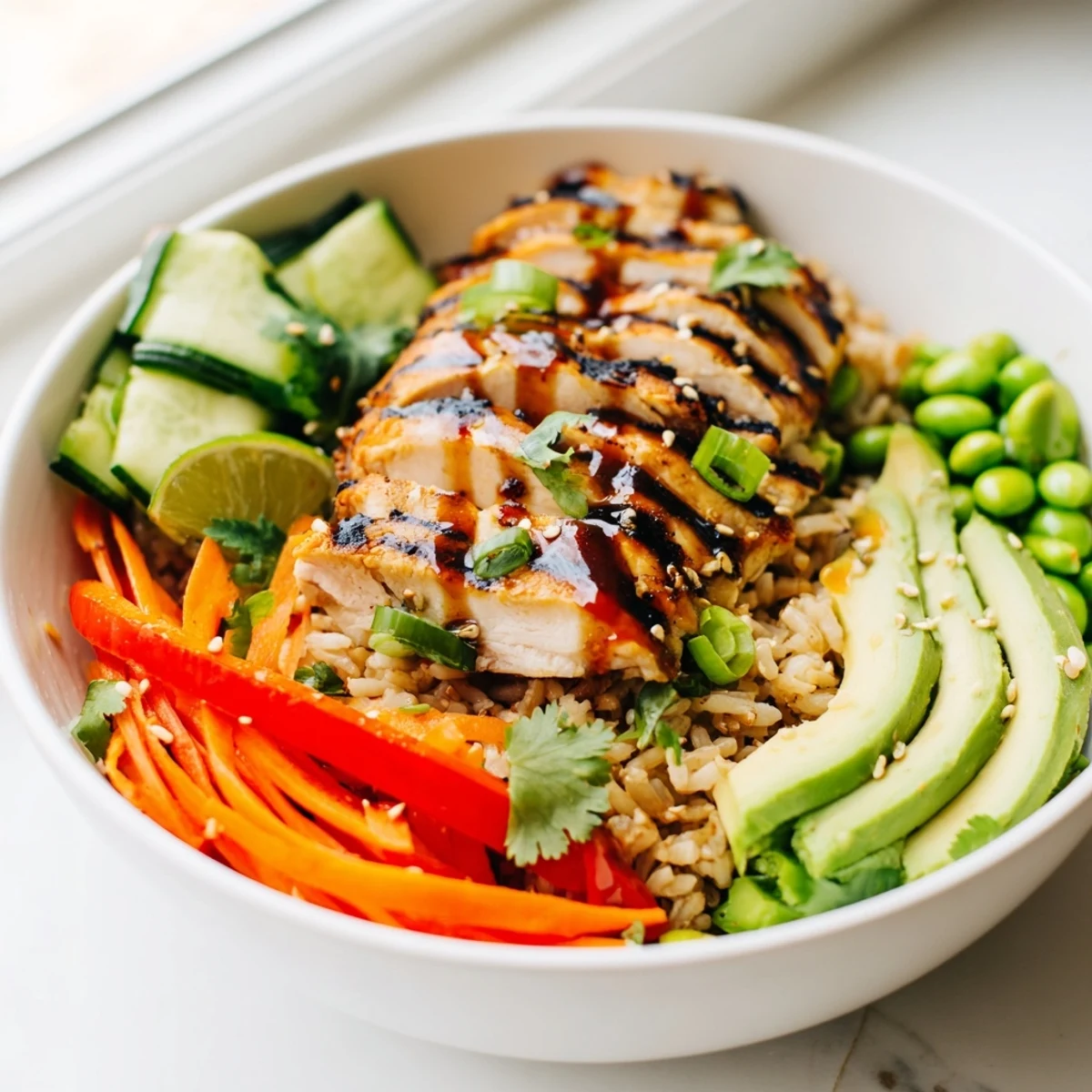 Asian Inspired Chicken Power Bowl topped with sliced avocado and sesame seeds