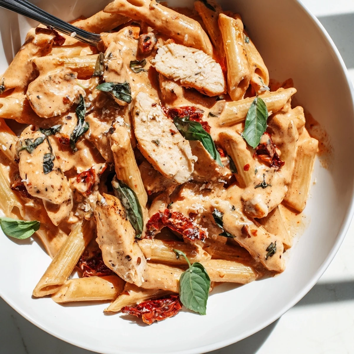 Creamy Copycat Sun Dried Tomato Marry Me Chicken Pasta plated with fresh basil and Parmesan