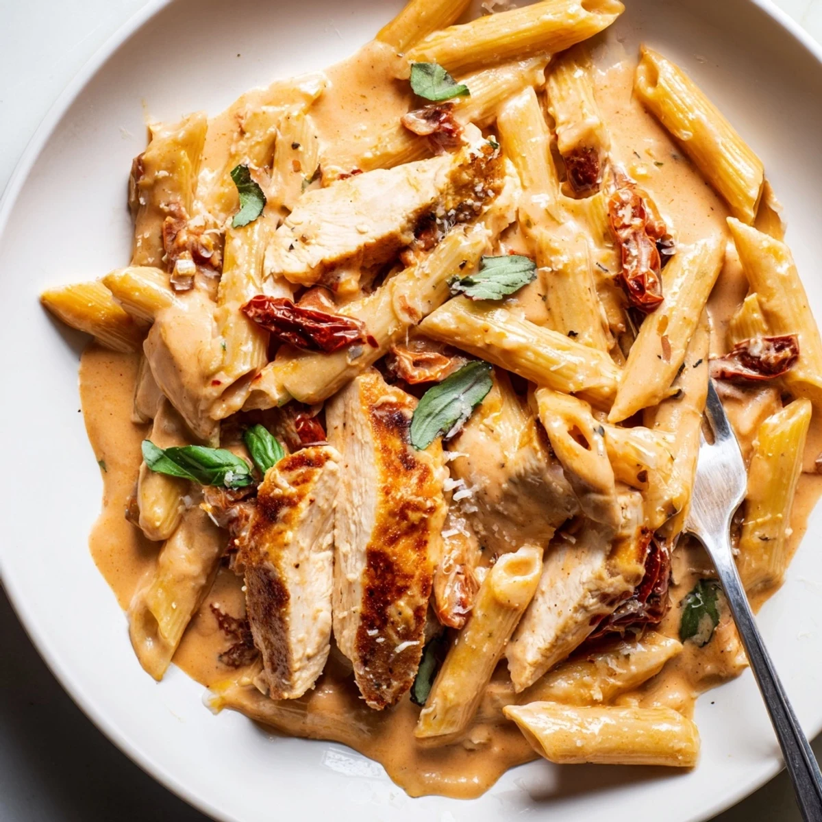 Golden seared chicken slices draped in creamy Copycat Sun Dried Tomato Marry Me Chicken Pasta sauce