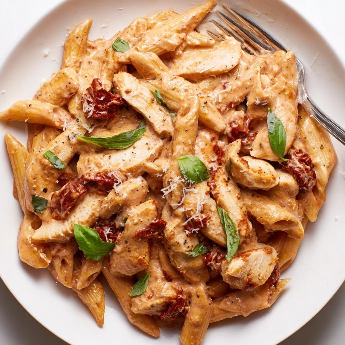 Steaming Copycat Sun Dried Tomato Marry Me Chicken Pasta topped with sun-dried tomatoes and melted Parmesan