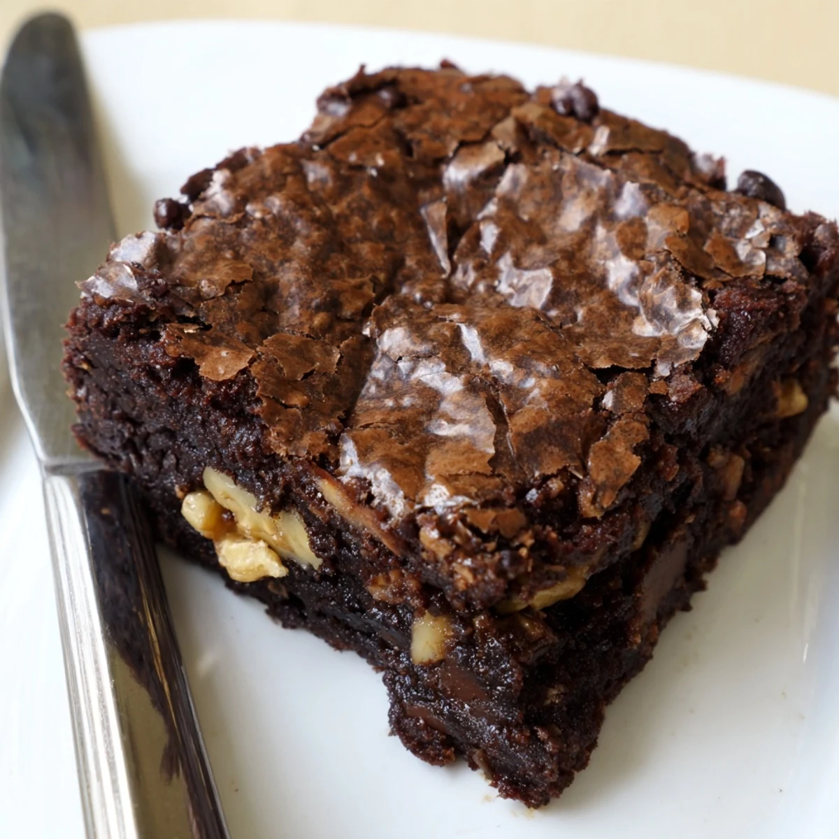 Rich ultimate brownies dusted with cocoa powder, served on a rustic white plate