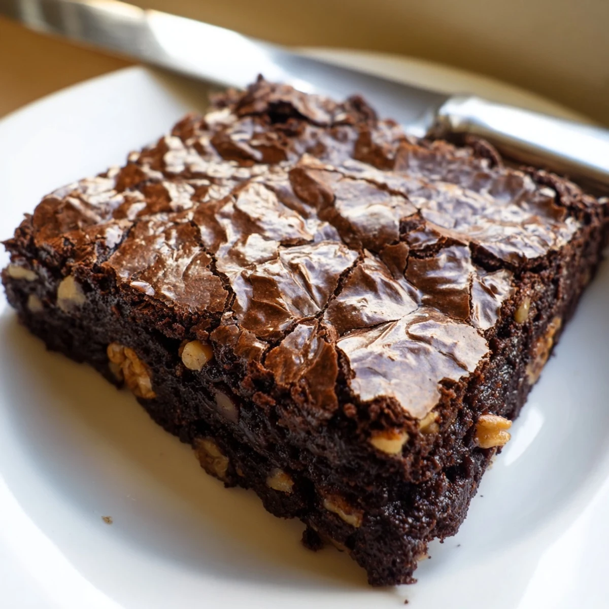 Fudgy ultimate brownies with a glossy, crackly top cut into generous squares